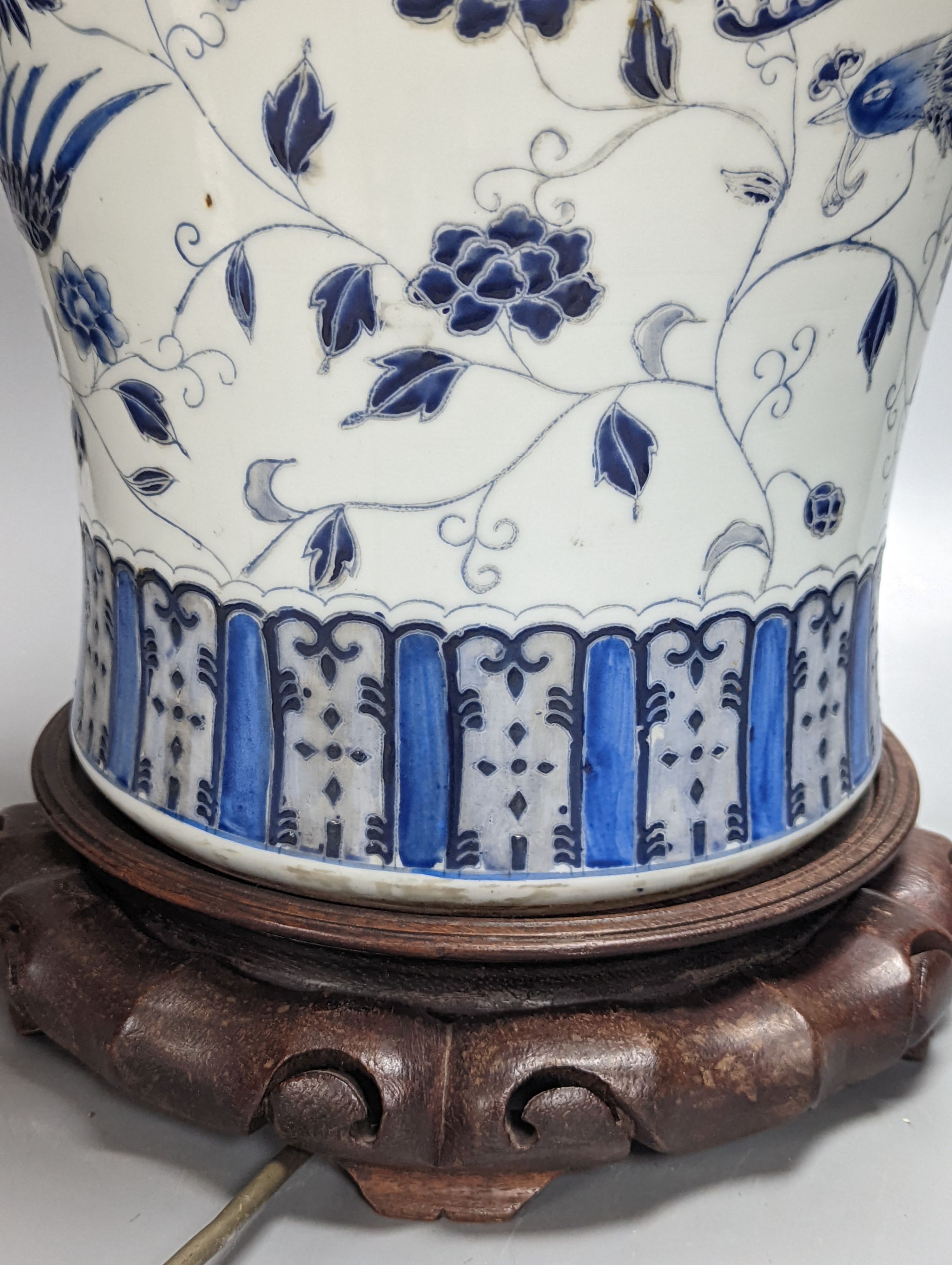 A Chinese blue enamelled porcelain baluster vase, converted to electric lamp 52cm
